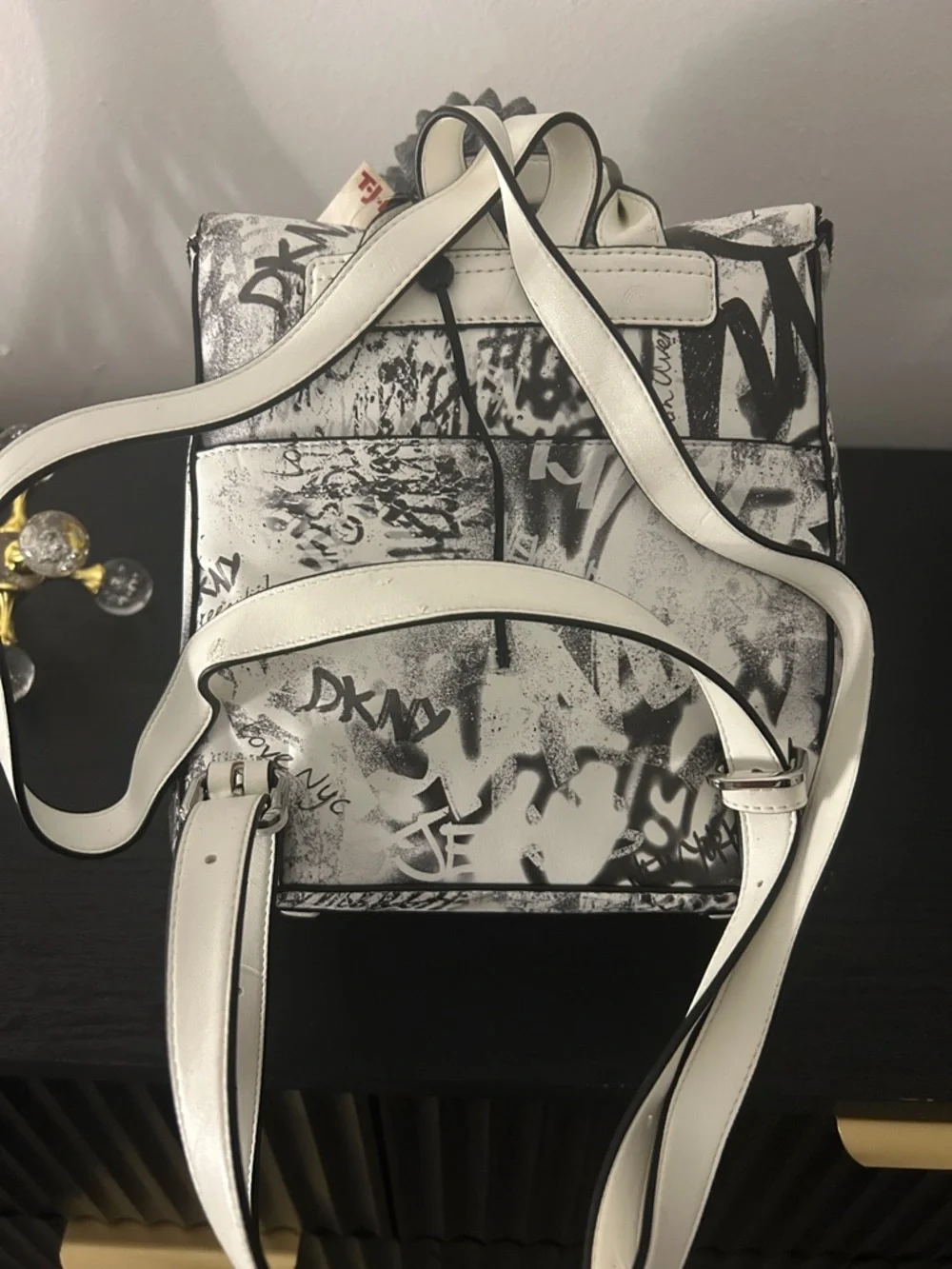 DKNY White and Black Graffiti Print Leather Backpack